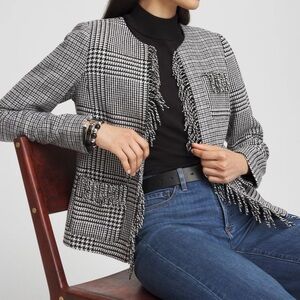 Chico’s Mixed Tweed Fringed Wool Jacket Black White Houndstooth size XL